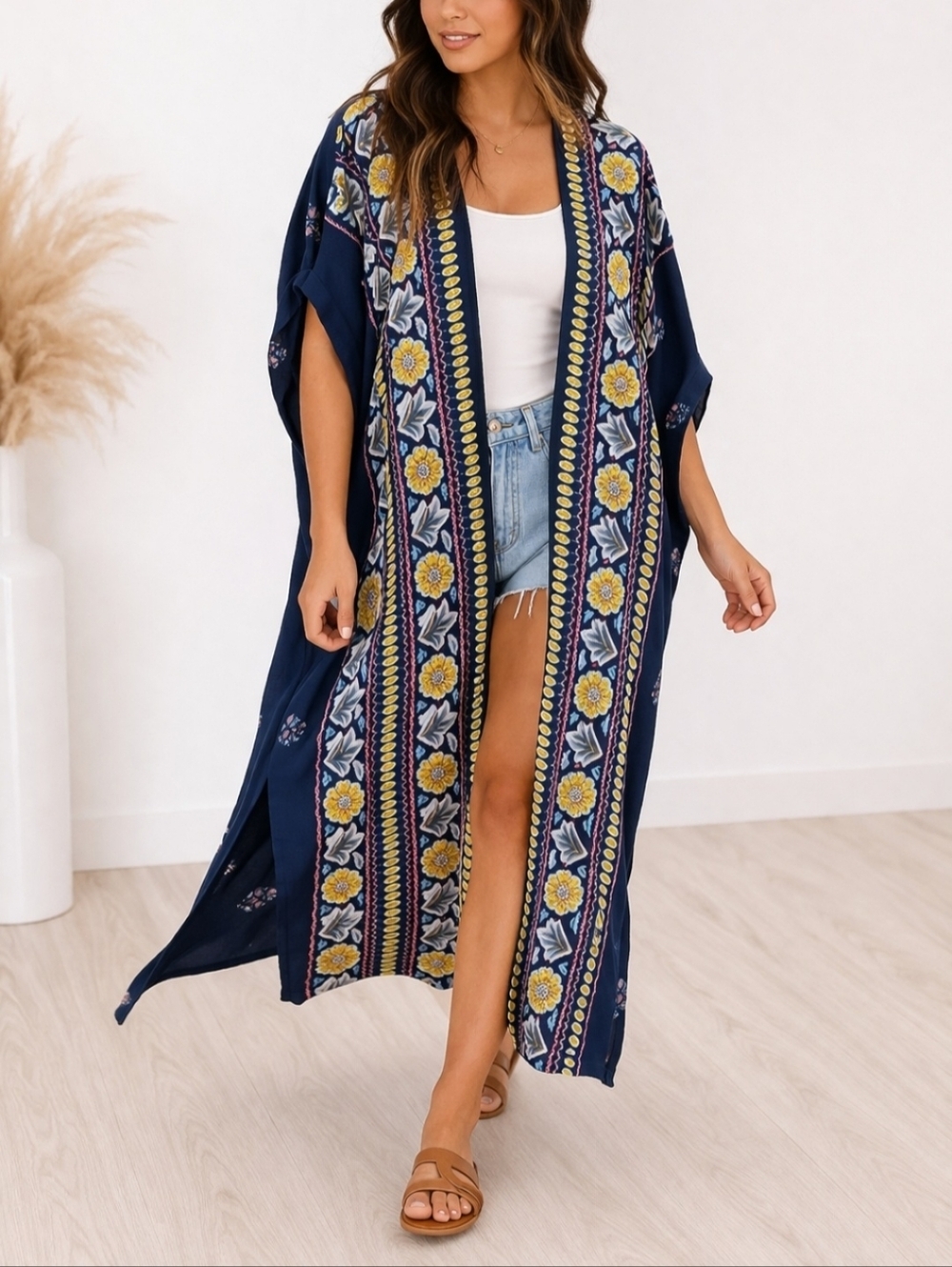 Source Unknown Navy Maxi Kimono with Yellow Floral Embroidery